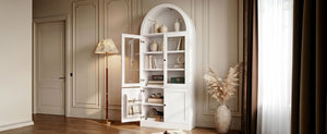 English Elm Video Tall Arched Glass Door Display Cabinet with Soft Close Hinges and Five Tier Shelving 5-Tier Shelves White N759P487146K
