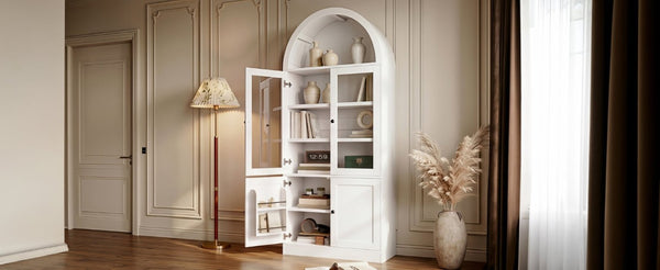 English Elm Video Tall Arched Glass Door Display Cabinet with Soft Close Hinges and Five Tier Shelving 5-Tier Shelves White N759P487146K