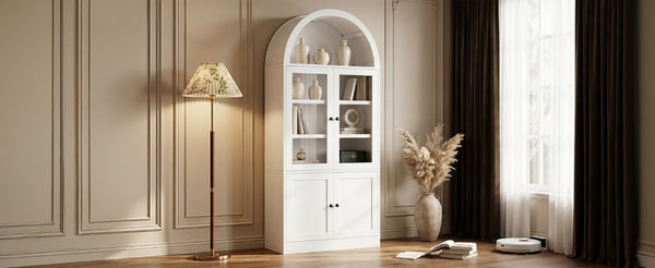 English Elm Video Tall Arched Glass Door Display Cabinet with Soft Close Hinges and Five Tier Shelving 5-Tier Shelves White N759P487146K