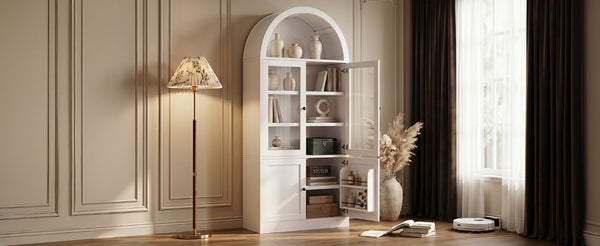 English Elm Video Tall Arched Glass Door Display Cabinet with Soft Close Hinges and Five Tier Shelving 5-Tier Shelves White N759P487146K
