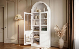 English Elm Video Tall Arched Glass Door Display Cabinet with Soft Close Hinges and Five Tier Shelving 5-Tier Shelves White N759P487146K