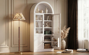 English Elm Video Tall Arched Glass Door Display Cabinet with Soft Close Hinges and Five Tier Shelving 5-Tier Shelves White N759P487146K