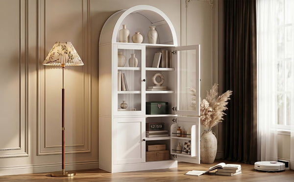 English Elm Video Tall Arched Glass Door Display Cabinet with Soft Close Hinges and Five Tier Shelving 5-Tier Shelves White N759P487146K