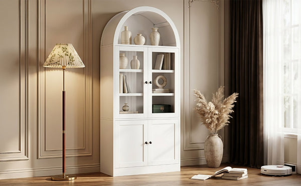 English Elm Video Tall Arched Glass Door Display Cabinet with Soft Close Hinges and Five Tier Shelving 5-Tier Shelves White N759P487146K