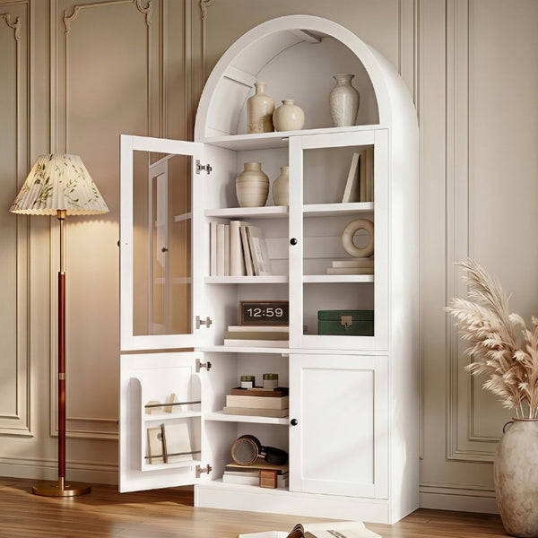 English Elm Video Tall Arched Glass Door Display Cabinet with Soft Close Hinges and Five Tier Shelving 5-Tier Shelves White N759P487146K