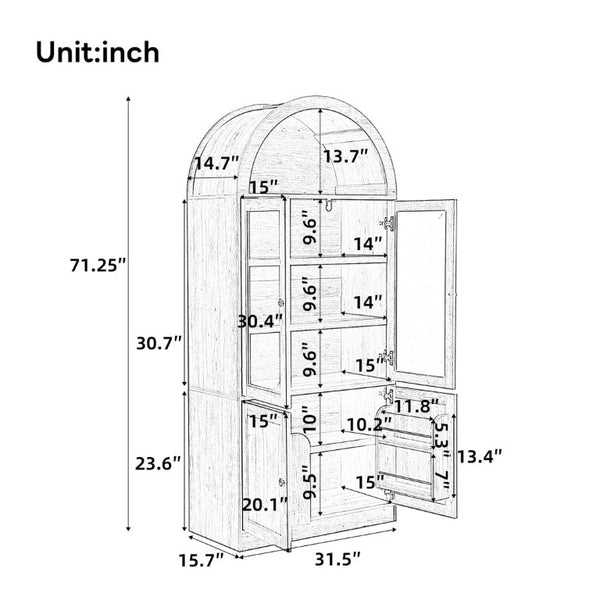 English Elm Video Tall Arched Glass Door Display Cabinet with Soft Close Hinges and Five Tier Shelving 5-Tier Shelves White N759P487146K