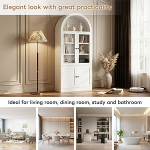 English Elm Video Tall Arched Glass Door Display Cabinet with Soft Close Hinges and Five Tier Shelving 5-Tier Shelves White N759P487146K