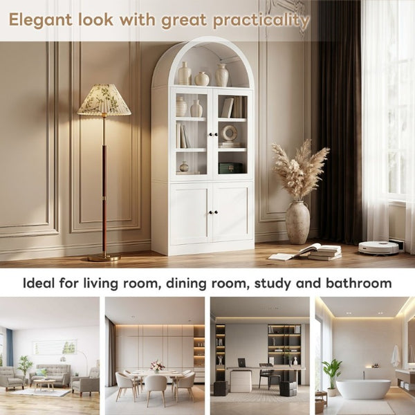 English Elm Video Tall Arched Glass Door Display Cabinet with Soft Close Hinges and Five Tier Shelving 5-Tier Shelves White N759P487146K