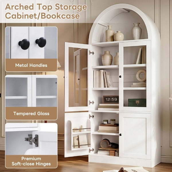 English Elm Video Tall Arched Glass Door Display Cabinet with Soft Close Hinges and Five Tier Shelving 5-Tier Shelves White N759P487146K