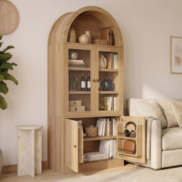 English Elm Video Tall Arched Glass Door Display Cabinet with Soft Close Hinges and Five Tier Shelving 5-Tier Shelves Natural N759P487146N