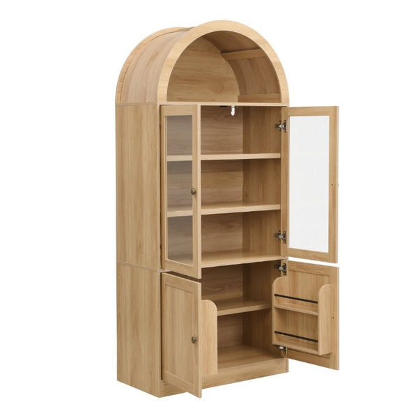 English Elm Video Tall Arched Glass Door Display Cabinet with Soft Close Hinges and Five Tier Shelving 5-Tier Shelves Natural N759P487146N