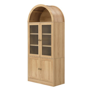 English Elm Video Tall Arched Glass Door Display Cabinet with Soft Close Hinges and Five Tier Shelving 5-Tier Shelves Natural N759P487146N
