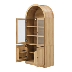 English Elm Video Tall Arched Glass Door Display Cabinet with Soft Close Hinges and Five Tier Shelving 5-Tier Shelves Natural N759P487146N