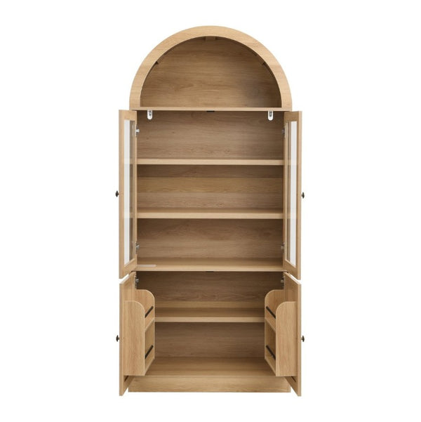 English Elm Video Tall Arched Glass Door Display Cabinet with Soft Close Hinges and Five Tier Shelving 5-Tier Shelves Natural N759P487146N