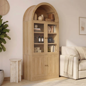 English Elm Video Tall Arched Glass Door Display Cabinet with Soft Close Hinges and Five Tier Shelving 5-Tier Shelves Natural N759P487146N