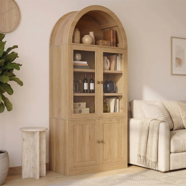 English Elm Video Tall Arched Glass Door Display Cabinet with Soft Close Hinges and Five Tier Shelving 5-Tier Shelves Natural N759P487146N