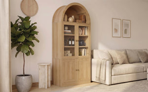 English Elm Video Tall Arched Glass Door Display Cabinet with Soft Close Hinges and Five Tier Shelving 5-Tier Shelves Natural N759P487146N