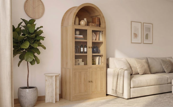 English Elm Video Tall Arched Glass Door Display Cabinet with Soft Close Hinges and Five Tier Shelving 5-Tier Shelves Natural N759P487146N