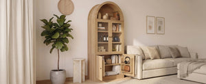 English Elm Video Tall Arched Glass Door Display Cabinet with Soft Close Hinges and Five Tier Shelving 5-Tier Shelves Natural N759P487146N
