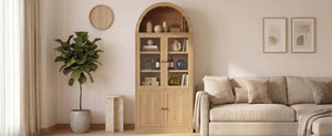 English Elm Video Tall Arched Glass Door Display Cabinet with Soft Close Hinges and Five Tier Shelving 5-Tier Shelves Natural N759P487146N