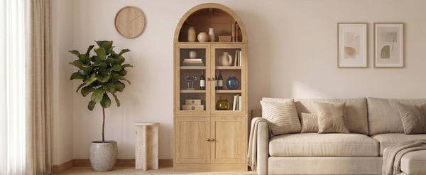 English Elm Video Tall Arched Glass Door Display Cabinet with Soft Close Hinges and Five Tier Shelving 5-Tier Shelves Natural N759P487146N