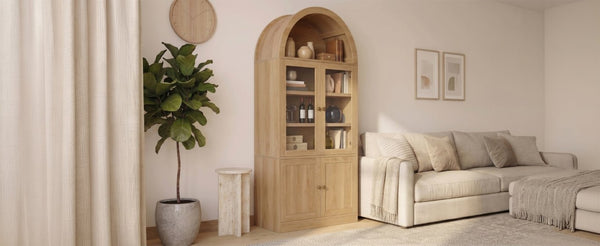 English Elm Video Tall Arched Glass Door Display Cabinet with Soft Close Hinges and Five Tier Shelving 5-Tier Shelves Natural N759P487146N