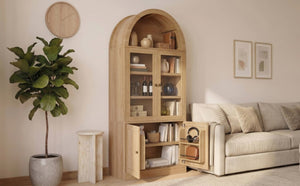 English Elm Video Tall Arched Glass Door Display Cabinet with Soft Close Hinges and Five Tier Shelving 5-Tier Shelves Natural N759P487146N