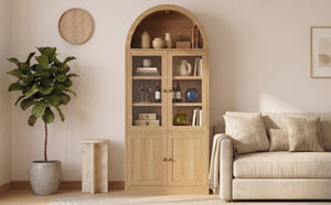 English Elm Video Tall Arched Glass Door Display Cabinet with Soft Close Hinges and Five Tier Shelving 5-Tier Shelves Natural N759P487146N