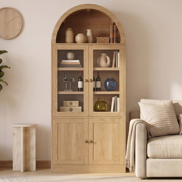 English Elm Video Tall Arched Glass Door Display Cabinet with Soft Close Hinges and Five Tier Shelving 5-Tier Shelves Natural N759P487146N