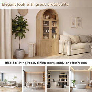 English Elm Video Tall Arched Glass Door Display Cabinet with Soft Close Hinges and Five Tier Shelving 5-Tier Shelves Natural N759P487146N