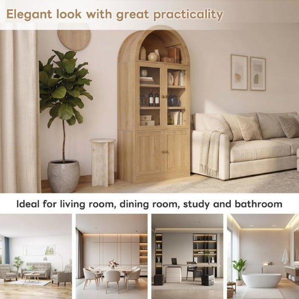 English Elm Video Tall Arched Glass Door Display Cabinet with Soft Close Hinges and Five Tier Shelving 5-Tier Shelves Natural N759P487146N