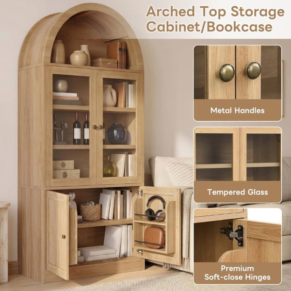 English Elm Video Tall Arched Glass Door Display Cabinet with Soft Close Hinges and Five Tier Shelving 5-Tier Shelves Natural N759P487146N