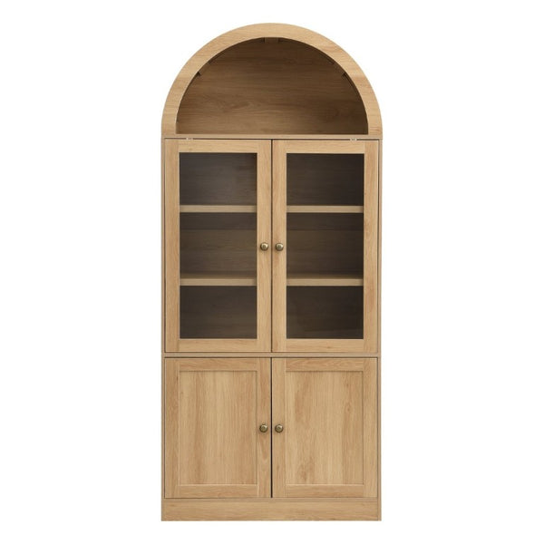 English Elm Video Tall Arched Glass Door Display Cabinet with Soft Close Hinges and Five Tier Shelving 5-Tier Shelves Natural N759P487146N