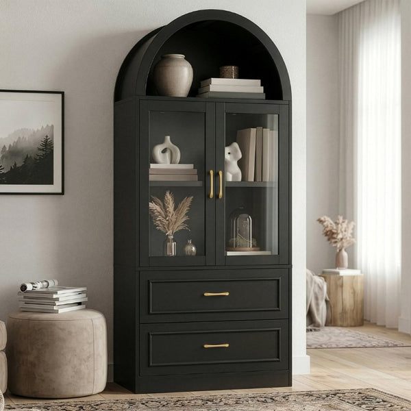 English Elm Video Tall Arched Glass Door Display Cabinet with Soft Close Hinges and Five Tier Shelving 2-Tier Shelves with Drawers Black N759P487155B