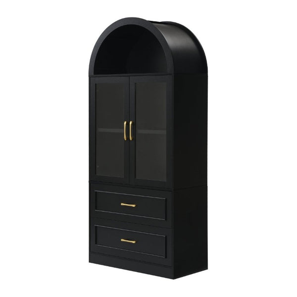 English Elm Video Tall Arched Glass Door Display Cabinet with Soft Close Hinges and Five Tier Shelving 2-Tier Shelves with Drawers Black N759P487155B