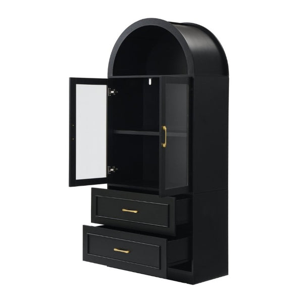 English Elm Video Tall Arched Glass Door Display Cabinet with Soft Close Hinges and Five Tier Shelving 2-Tier Shelves with Drawers Black N759P487155B