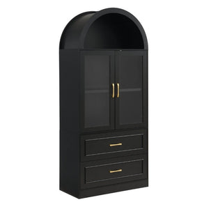 English Elm Video Tall Arched Glass Door Display Cabinet with Soft Close Hinges and Five Tier Shelving 2-Tier Shelves with Drawers Black N759P487155B