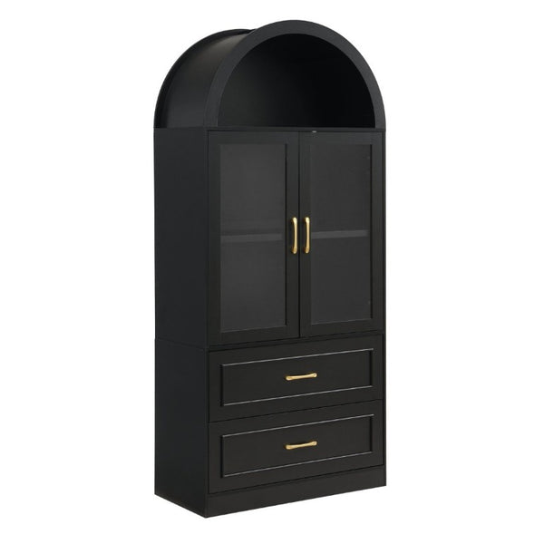 English Elm Video Tall Arched Glass Door Display Cabinet with Soft Close Hinges and Five Tier Shelving 2-Tier Shelves with Drawers Black N759P487155B