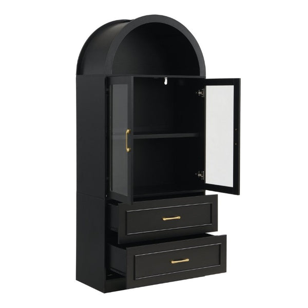 English Elm Video Tall Arched Glass Door Display Cabinet with Soft Close Hinges and Five Tier Shelving 2-Tier Shelves with Drawers Black N759P487155B