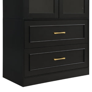 English Elm Video Tall Arched Glass Door Display Cabinet with Soft Close Hinges and Five Tier Shelving 2-Tier Shelves with Drawers Black N759P487155B