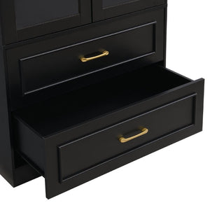 English Elm Video Tall Arched Glass Door Display Cabinet with Soft Close Hinges and Five Tier Shelving 2-Tier Shelves with Drawers Black N759P487155B
