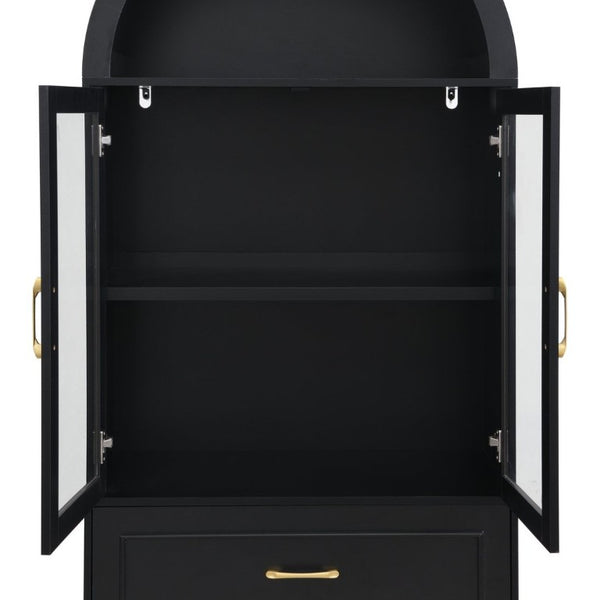 English Elm Video Tall Arched Glass Door Display Cabinet with Soft Close Hinges and Five Tier Shelving 2-Tier Shelves with Drawers Black N759P487155B