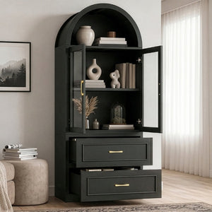 English Elm Video Tall Arched Glass Door Display Cabinet with Soft Close Hinges and Five Tier Shelving 2-Tier Shelves with Drawers Black N759P487155B