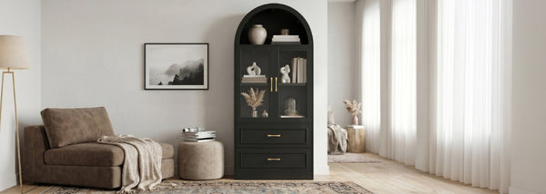 English Elm Video Tall Arched Glass Door Display Cabinet with Soft Close Hinges and Five Tier Shelving 2-Tier Shelves with Drawers Black N759P487155B