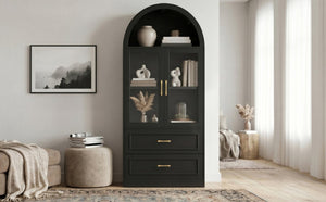 English Elm Video Tall Arched Glass Door Display Cabinet with Soft Close Hinges and Five Tier Shelving 2-Tier Shelves with Drawers Black N759P487155B
