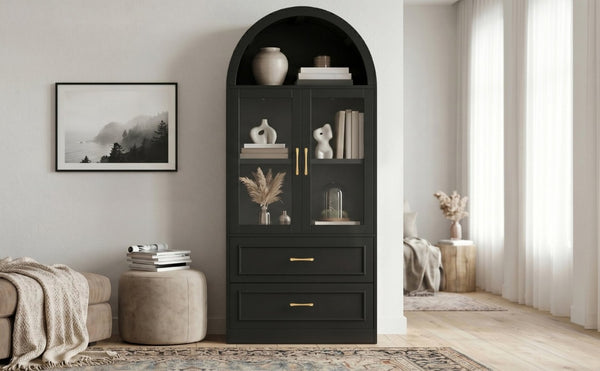 English Elm Video Tall Arched Glass Door Display Cabinet with Soft Close Hinges and Five Tier Shelving 2-Tier Shelves with Drawers Black N759P487155B