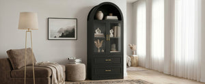 English Elm Video Tall Arched Glass Door Display Cabinet with Soft Close Hinges and Five Tier Shelving 2-Tier Shelves with Drawers Black N759P487155B