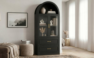 English Elm Video Tall Arched Glass Door Display Cabinet with Soft Close Hinges and Five Tier Shelving 2-Tier Shelves with Drawers Black N759P487155B