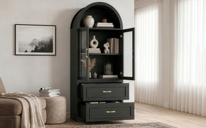 English Elm Video Tall Arched Glass Door Display Cabinet with Soft Close Hinges and Five Tier Shelving 2-Tier Shelves with Drawers Black N759P487155B