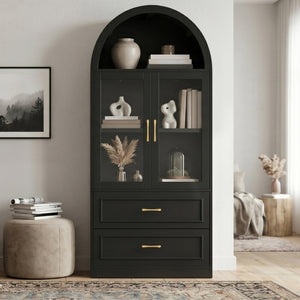 English Elm Video Tall Arched Glass Door Display Cabinet with Soft Close Hinges and Five Tier Shelving 2-Tier Shelves with Drawers Black N759P487155B